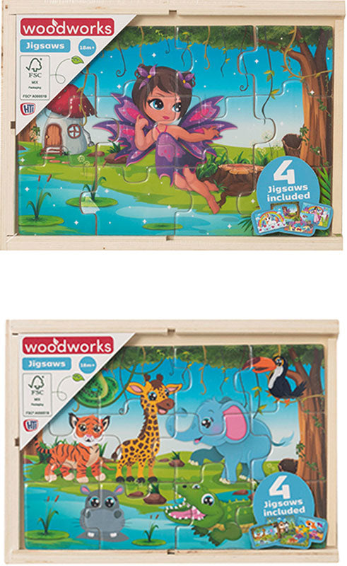 4 WOODEN PUZZLES IN BOX